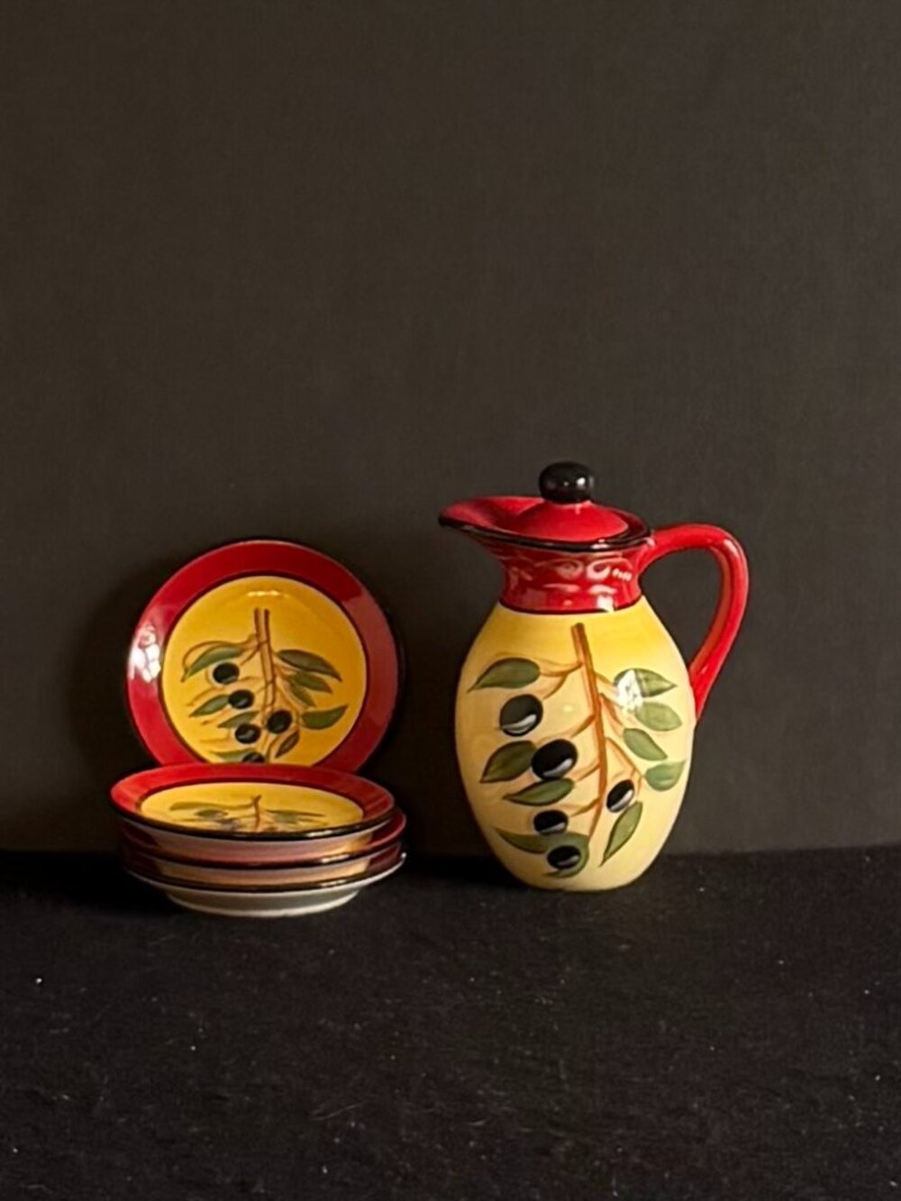 Certified Int'l Kate McRostie Hand Painted Ceramic Oil Pitcher/4 ‘Bread’ Plates
